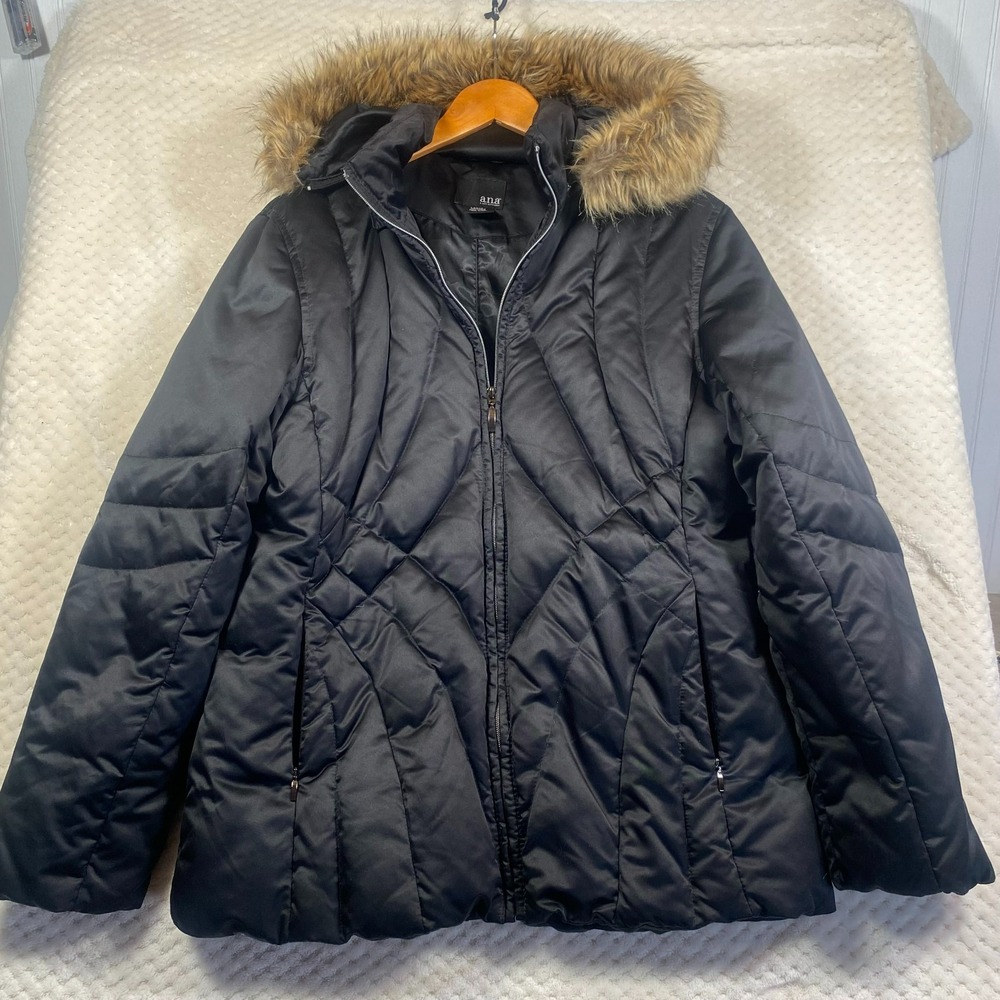 A.N.A. Womens Black Puffer Jacket Faux Fur Hood Quilted Full Zip Size Large